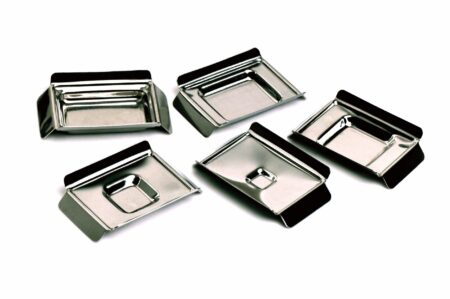 Five embedding moulds made of stainless steel, each 6mm deep, are arranged on a white background.