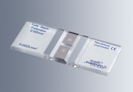 Counting Chamber Neubauer Improved (Tiefe) with Dark Lines 0.01mm Depth (1/Pack), a rectangular glass hemocytometer for cell counting, features marked chambers and etched dark grid lines, shown on a gradient grey background.