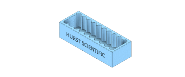 The Slide Drying Rack 10 Place (Hytrel) is a light blue rectangular holder labeled "HURST SCIENTIFIC," designed with slots to hold ten cylindrical objects for drying slides.