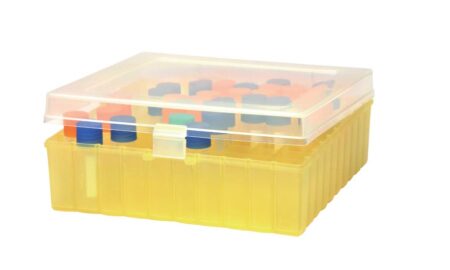 The Freezing Box 100 Place with Hinged Lid, made of polypropylene, holds 1.8ml cryovials and organizes them in rows. Suitable for -196 to 121°C, it is natural in color and designed for secure cryovial storage.