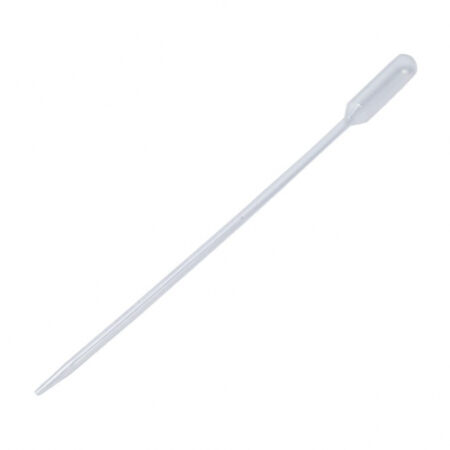 A Transfer Pipette LDPE 150mm with a 5ml capacity and 1/4 to 1ml graduation is shown on a white background. This E.O. sterile pipette, available in packs of 20 (400 per box), ensures safe and precise liquid handling for laboratory use.