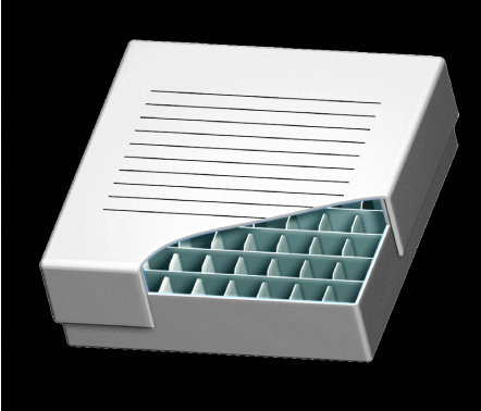 The freezer 2 inch storage box 81 plac is a white box with a lined label on top and a grid of 81 compartments inside—perfect for organized sample management in freezers.