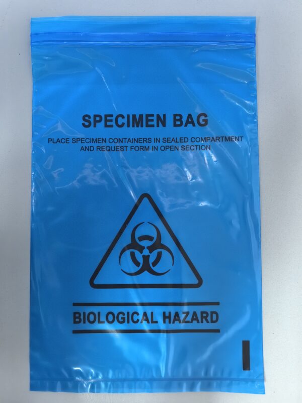 Biohazard specimen transport bags are blue, labeled "Biological Hazard," feature a biohazard symbol, and provide clear instructions for placing specimen containers inside.