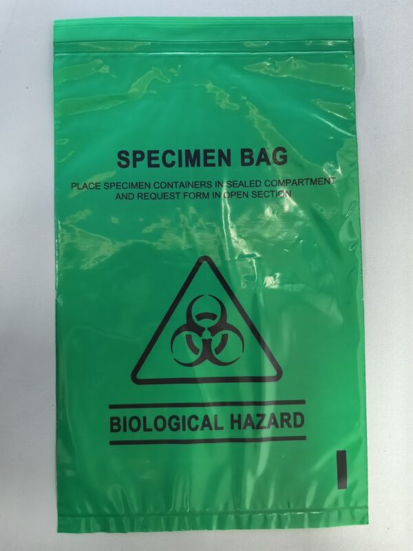 Biohazard Specimen Bag, 3 layered, 100% LDPE clear film, 160mm x 255mm, with green design, biohazard symbol, "SPECIMEN BAG" and "BIOLOGICAL HAZARD" text. Usage instructions printed. Pouch: 160x215mm x 32µm (2000/Carton).