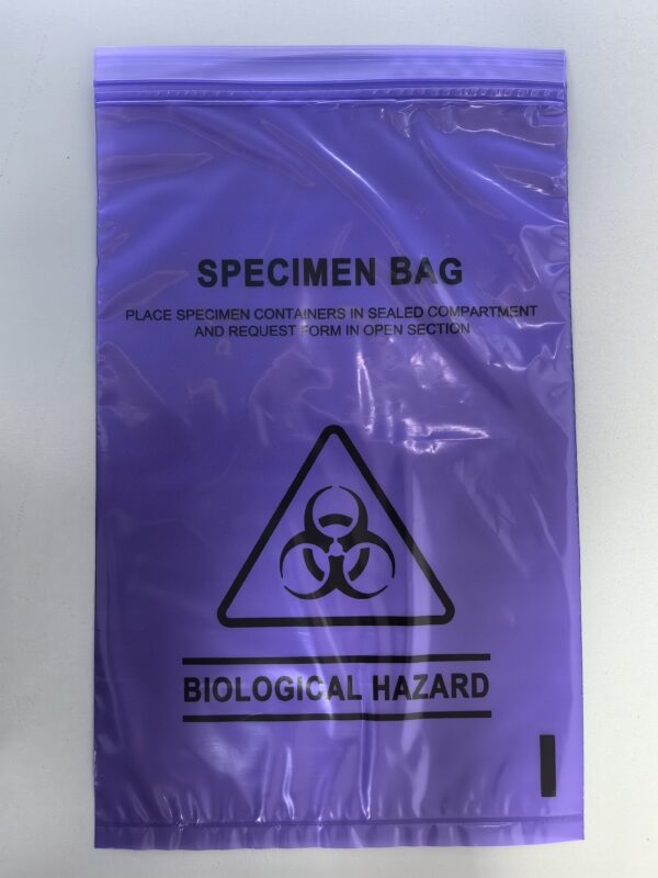 The Biohazard Specimen Bag is 3 layered, made from 100% LDPE clear film, measures 160mm x 255mm, and features a biohazard symbol with specimen placement instructions. (45µm thick; pouch: 160x215mmx32µm; 2000/carton).