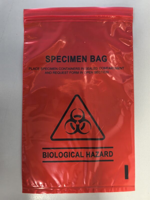 The Biohazard Specimen Bag features a 3 layered design, made from 100% LDPE clear film, measures 160mm x 255mm x 45µm (pouch: 160x215mmx32µm), labeled "Biological Hazard" with a biohazard symbol and specimen compartment.