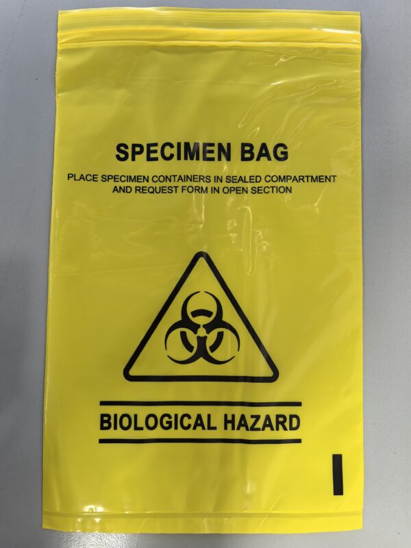 The Biohazard Specimen Bag is 3 layered, made of 100% LDPE clear film (160mm x 255mm, 45µm), labeled “BIOLOGICAL HAZARD” with a biohazard symbol and specimen container instructions, ensuring safe sample transport.
