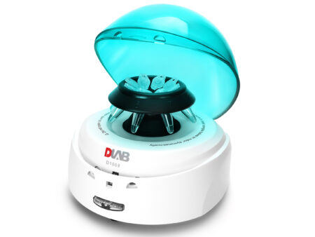 The D1008-B Palm Micro Centrifuge is a compact, white unit featuring a transparent blue lid. It comes complete with rotors for 8 x 1.5/2ml tubes, 2 x 8 PCR strips, and adaptors for various tube sizes (0.2–2ml and 0.5–2ml), all arranged inside the spinning rotor, and is capable of reaching speeds up to 7000rpm.