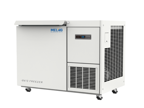 A white industrial freezer with the brand "Meling" on the top left corner and "Freezer Ultra Low, Chest 138lt, 2 inch high Digital Display, -40 to -86 Degree C" on the bottom left corner. This -86°C freezer features a digital control panel and ventilation grilles, ensuring optimal performance for ultra-low temperature storage needs.