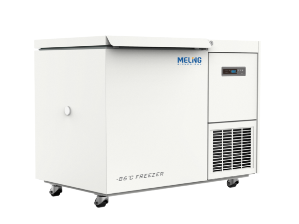 A white Freezer Ultra Low, Chest 138lt, 2 inch high Digital Display, -40 to -86 Degree C on wheels with vents and a digital display control panel on the front. The brand name "Meling Biomedical" is visible on the upper part of this ultra-low freezer unit.