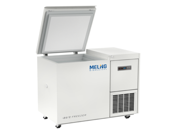 Open top, white, Freezer Ultra Low, Chest 138lt, 2 inch high Digital Display, -40 to -86 Degree C with a digital display control panel on the right side.