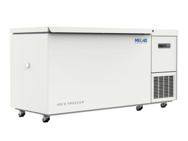 A large, white Freezer Ultra Low, Chest 668lt, -86°C with a digital control panel and ventilation system. The -86°C freezer is labeled accordingly and mounted on wheels for easy mobility.