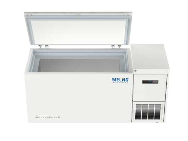 An open white Freezer Ultra Low, Chest 668lt, -86°C with an electronic control panel on the right side.