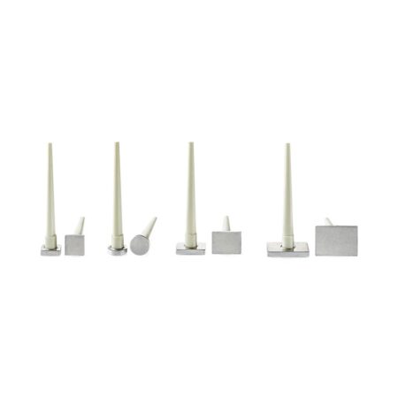 Five "tamper with heat resistant handle" tools, featuring white tapered spikes and mounted on various silver bases, are arranged in a row against a white background.