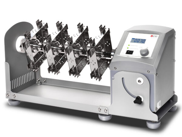 A Rotator, LCD Digital, Variable Speed with adjustable mixing angle, Includes #18900147 Rotisserie for 16 x 50ml Centrifuge Tubes Vertically featuring an LCD digital control panel displaying "78," and multiple sample holders for precise operations.