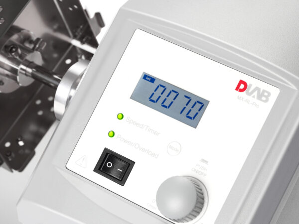 A close-up view of a laboratory equipment control panel with an LCD digital display reading "0070" and a green indicator light. The panel, part of a Rotator, LCD Digital, Variable Speed with adjustable mixing angle, Includes #18900147 Rotisserie for 16 x 50ml Centrifuge Tubes Vertically, features various buttons and a knob for adjustments.