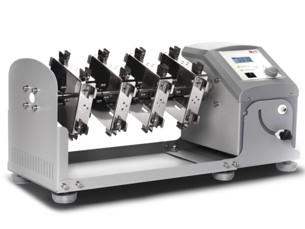 A Rotator, LCD Digital, Variable Speed with adjustable mixing angle, Includes #18900147 Rotisserie for 16 x 50ml Centrifuge Tubes Vertically featuring an LCD digital display, multiple clamps for securing containers, and a variable speed control knob. The device is designed for mixing or shaking substances.