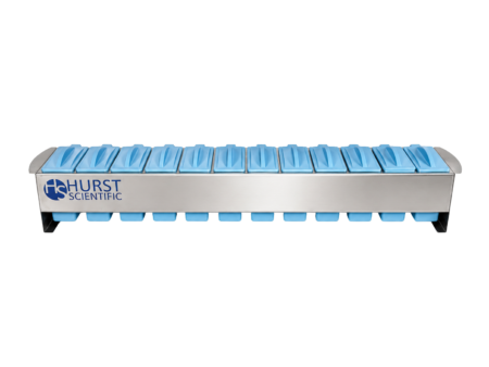 A stainless steel acid proof Slide Staining Set by Hurst Scientific featuring a rack with plastic handle and 12 thermoplastic troughs with lids, resistant to alcohol, xylene, toluene, and staining solutions.