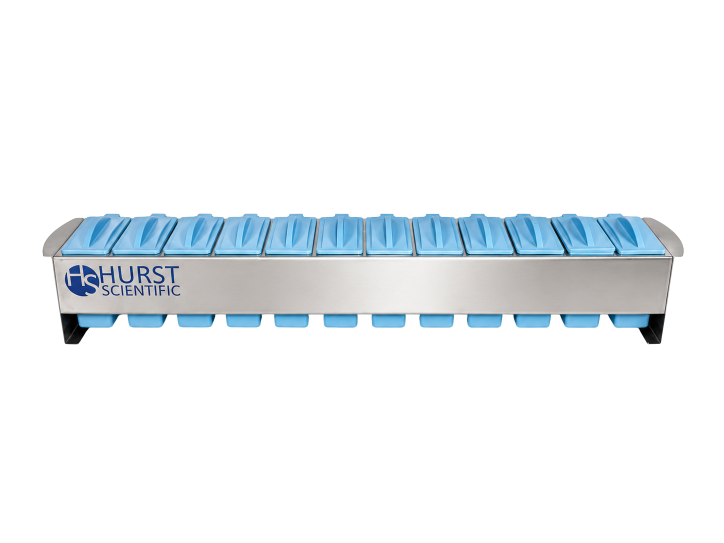 A stainless steel acid proof Slide Staining Set by Hurst Scientific featuring a rack with plastic handle and 12 thermoplastic troughs with lids, resistant to alcohol, xylene, toluene, and staining solutions.