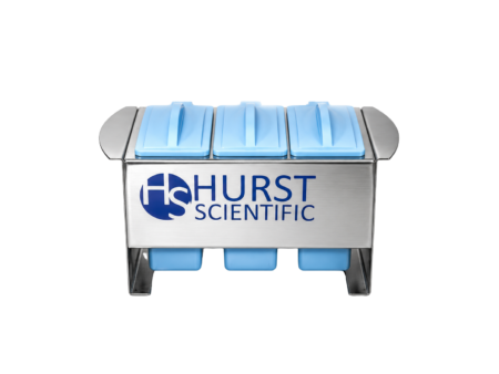 The Slide Staining Set (Large) features an acid proof stainless steel rack with plastic handle and three thermoplastic lidded troughs, resistant to alcohol, xylene, toluene, and staining solutions—ideal for durable lab use.