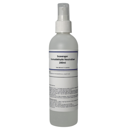The Scavenger (Formaldehyde Neutraliser) 200ml bottle has a white cap and includes detailed instructions on its label.