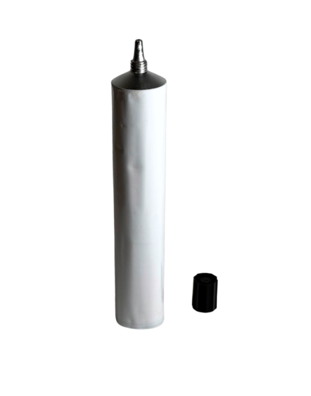 A Tooth Paste Tube, Aluminium 100ml with Cap (100/Box), featuring a pointed nozzle, stands upright beside its black cap on a plain white background.