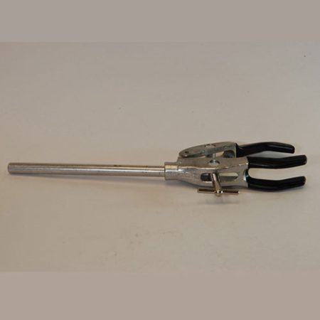 A vinyl-coated clamp with a 9mm Dia. x 125mm long arm and twin screw for holding objects ranging from 5 - 80mm Dia.