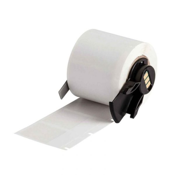 A roll of BMP71 BMP61 M611 TLS 2200 B-427 Self-Laminating Vinyl Labels White/Translucent (250/Roll) on a white background.