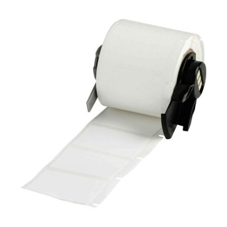 A roll of BMP71 and TLS 2200 B-499 Nylon Cloth Labels White (250 Labels/Roll) on a white background.