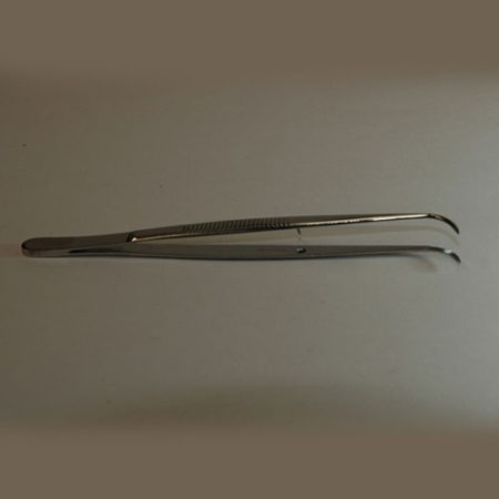 A pair of strongly curved surgical tweezers with a guide pin on a white surface.