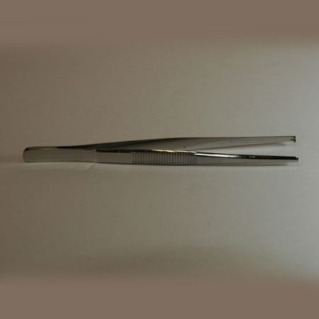 A pair of stainless steel tweezers with 1 x 2 teeth, measuring 130mm in length, on a white surface.