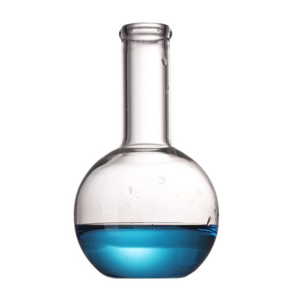 A 500ml boiling flask with a long narrow neck and flat bottom filled with blue liquid, placed on a white background.