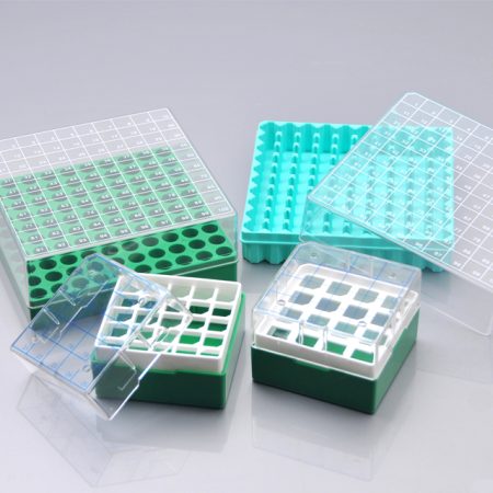 A set of autoclavable cryostorage boxes.