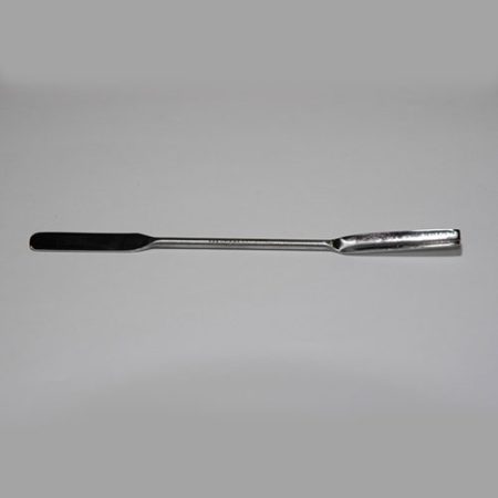 A stainless steel weighing spatula, 8mm wide and 150mm long, with a black handle on a white surface.