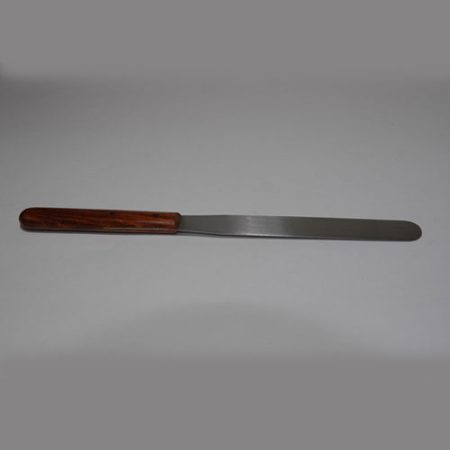 A knife with a wooden handle on a white surface, 18mm wide.