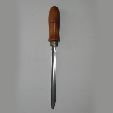 A Specimen Spatula with a wooden handle showcased on a white surface.