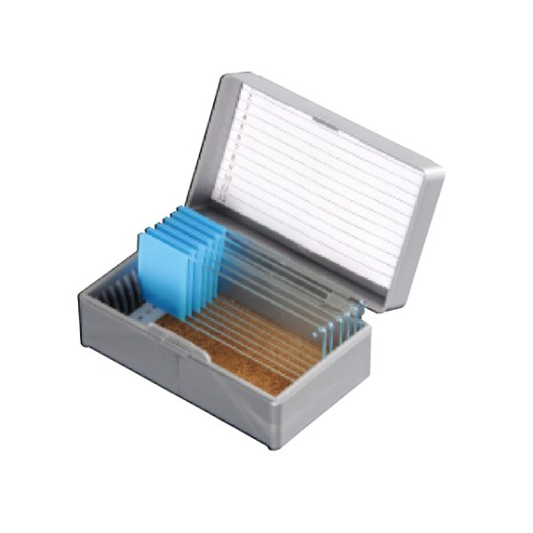 A gray box with a blue box inside - EACH 12 place slide storage boxes ABS with waterproof index card and cork lined.