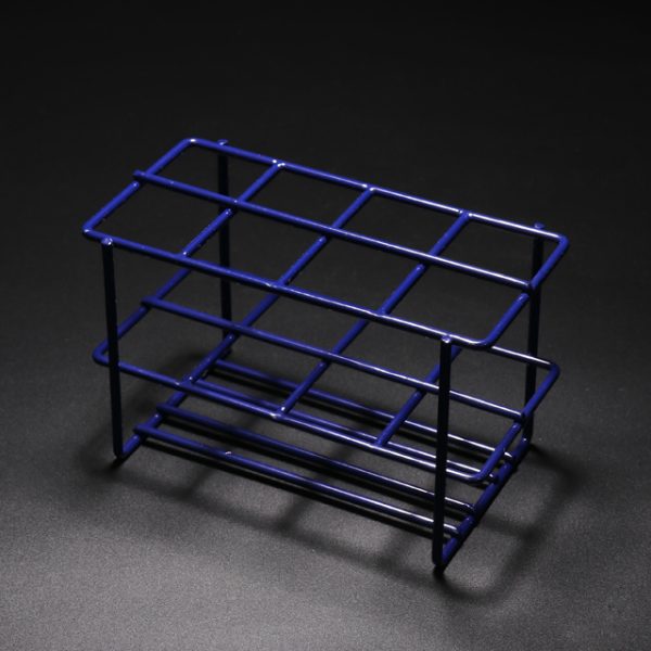 A blue metal rack on a black surface with corrosion-resistant coating.