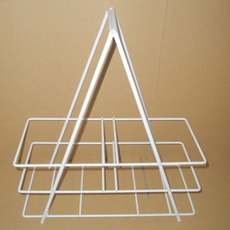 White triangular Bottle Carrier Large Double to Carry 2 x 165mm Dia. Bottles on a brown background.