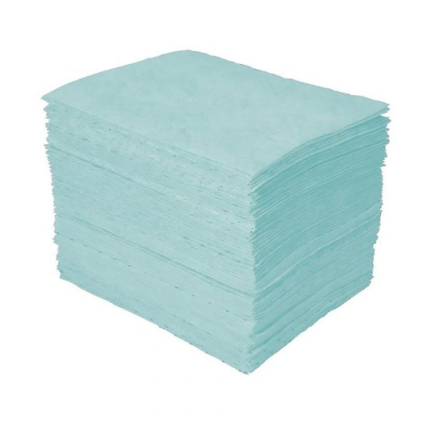 A stack of Chemical Spill Control Pads Green 381 x 482mm (100/Pack) on a white background.