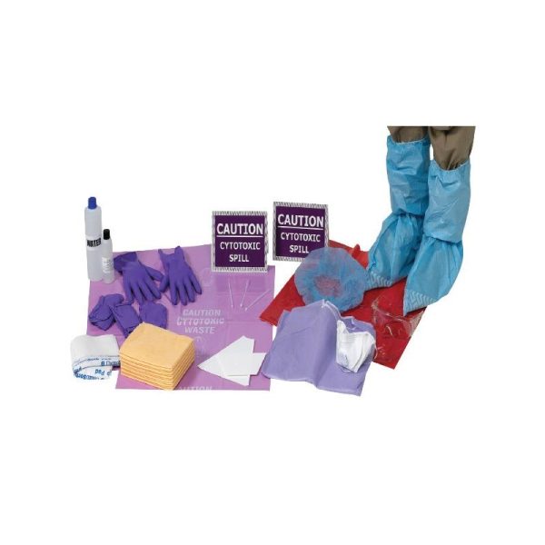 Ideal for chemical spills, a person wearing a Cytotoxic Chemical Spill Kit dons blue and purple gloves.