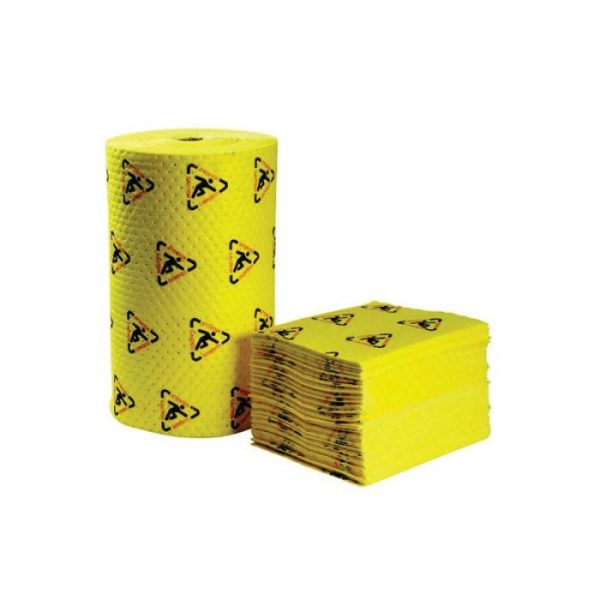 A pack of 100 High Visibility Absorbent Safety Mats in High Vis Yellow, with dimensions of 381mm x 482mm.