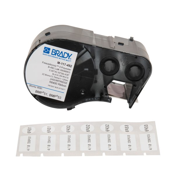 A cartridge containing 240 BMP51/BMP53 B-492 Ultra Thin Polyester Laboratory Labels in Black/White with an attached label.