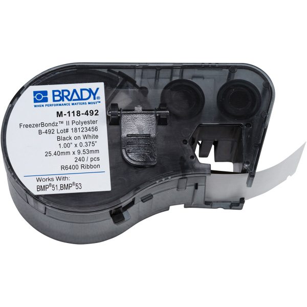 Brady BMP51 and BMP53 label tape for B-492 Ultra Thin Polyester Laboratory Labels in Black/White (240/Cartridge).