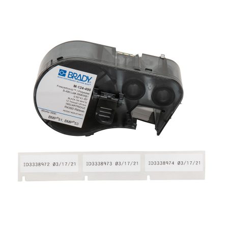 Printer with BMP51 and BMP53 models attached, along with B-490 Polyester Cryogenic Laboratory Labels in Black/White (180/Cartridge).