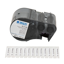 A label printer with BMP51 and BMP53 models, compatible with B-482 polyester tissue cassette labels in black and white (220 labels per cartridge).