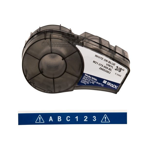 A label featuring the BMP21 Plus Series B-595 Indoor Outdoor Vinyl Labels in White/Blue.