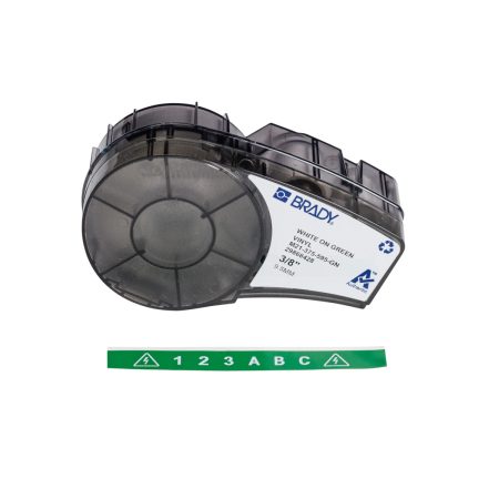 A label, specifically the Brady BMP21 Label M21-375-595-GN, with a green attachment.