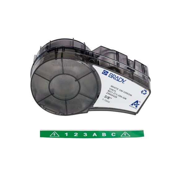 A label, specifically the Brady BMP21 Label M21-375-595-GN, with a green attachment.