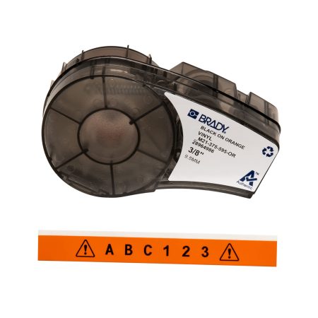A label made with the BMP21 Plus Series B-595 Indoor Outdoor Vinyl Labels in an Orange background.